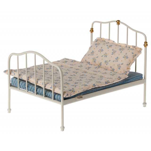 Vintage säng dockhus - offwhite 19 cm